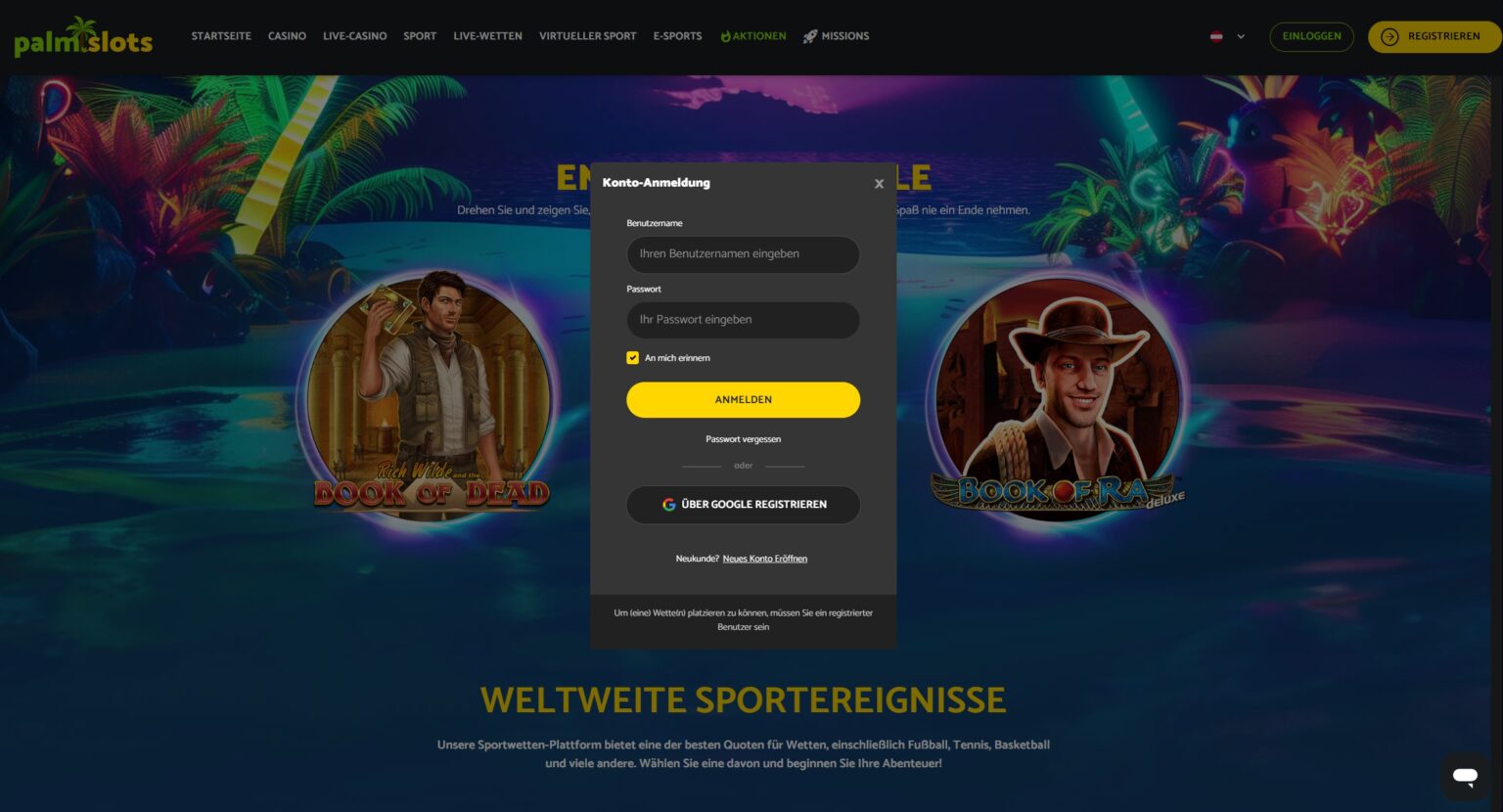 Schritte zum Einloggen bei PalmSlots